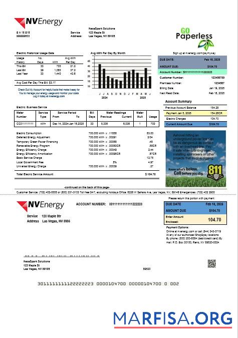 Printable USA Nevada NV Energy business utility bill template in Word and PDF formats